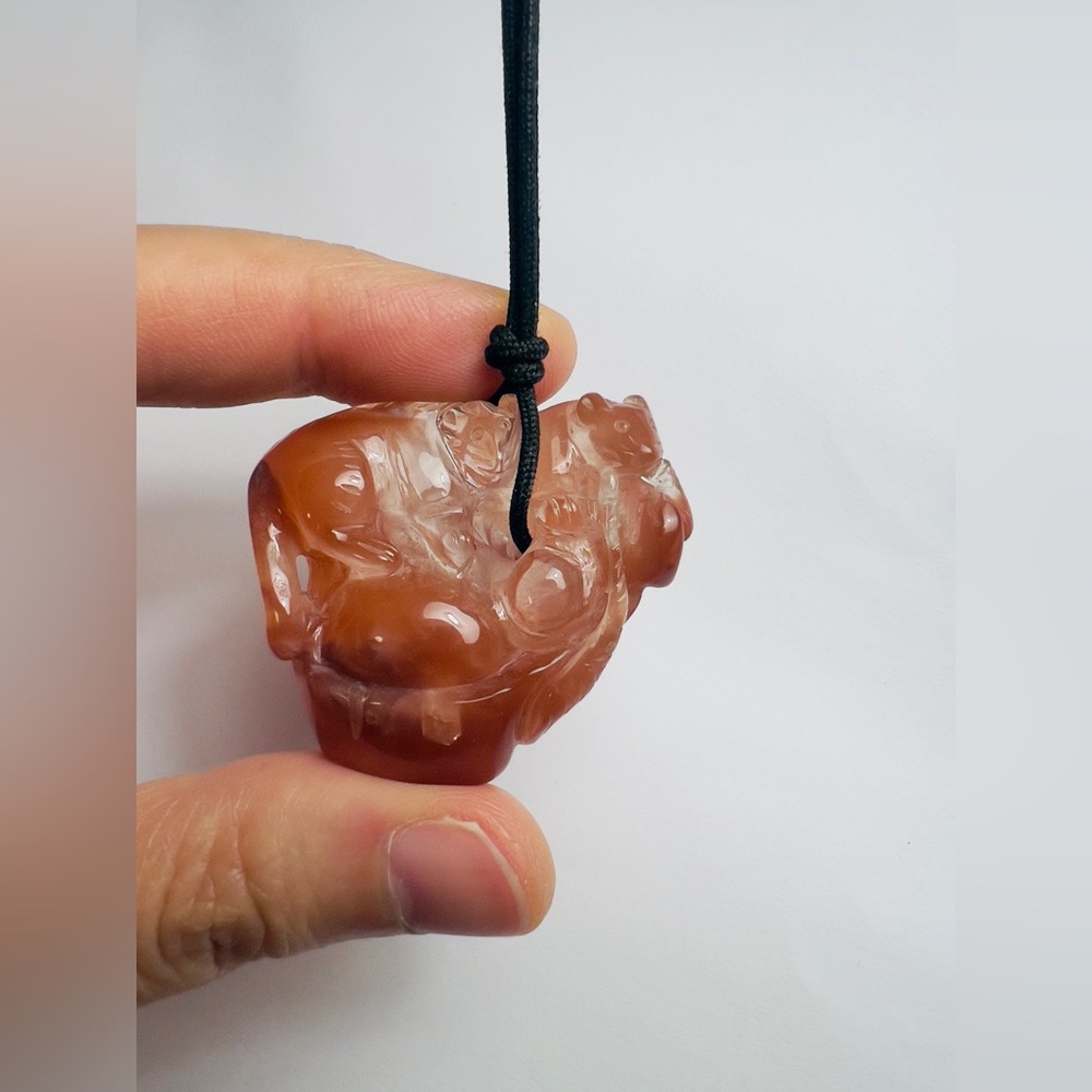 Crystal Quartz Hand Carved Pendant Necklace Chinese Lucky Symbol Vintage Jewelry